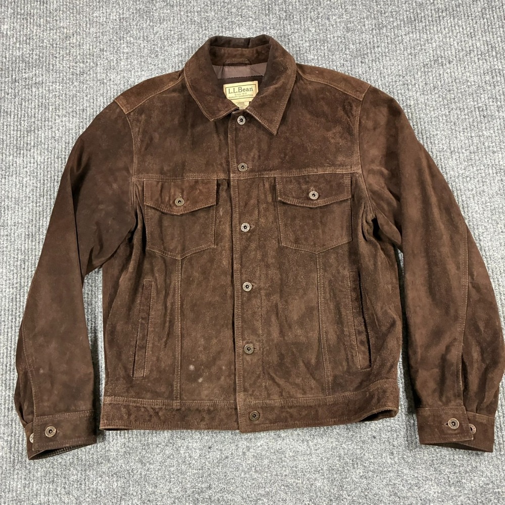 Vintage LL Bean Mens Size M Brown Suede Leather Trucker Jacket Made Turkey